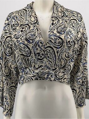 Zara Paisley Print Long-Sleeve Blouse a V-Neckline and a Wrap-Style Front.